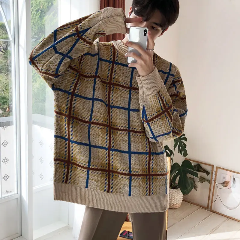 

2023 Men's Autumn Winter Fashion Korean Loose Casual Pullover Tops Male Plaid Sweater Tops Men Long Sleeve Knitted Tops U119