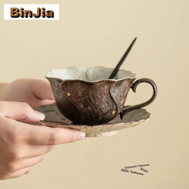 BAEJORIA 190ml Ocher Glazed Sprinkle Gold Coffee Mug with Plate Milk Cup Afternoon Tea Mug Cup Saucer Kit Drinkware Decoration