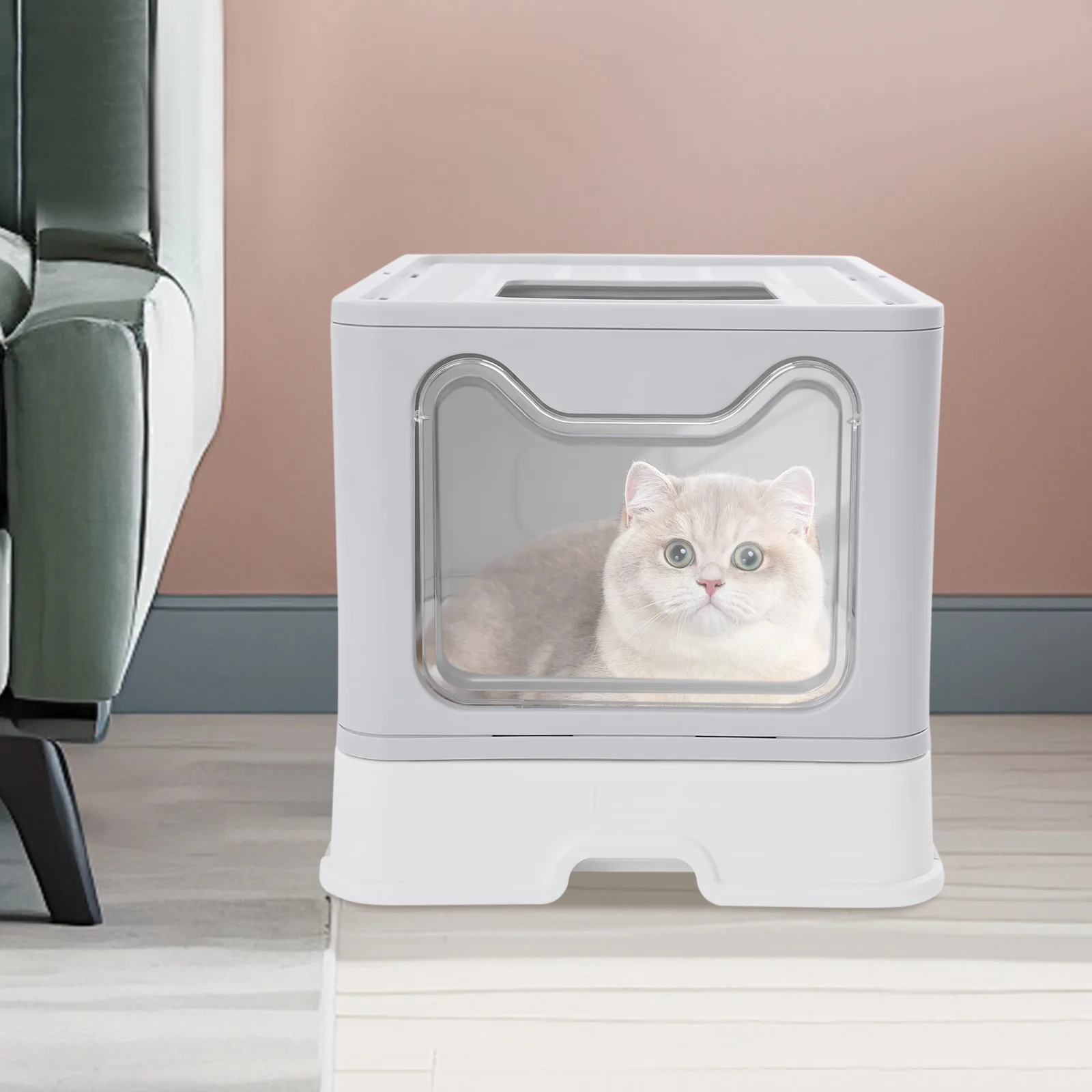 

Foldable Cat Litter Box with Lid Enclosed Potty with Litter Scoop and 2-in-1 Cleaning Brush for Corridors, Bedrooms, Balconies
