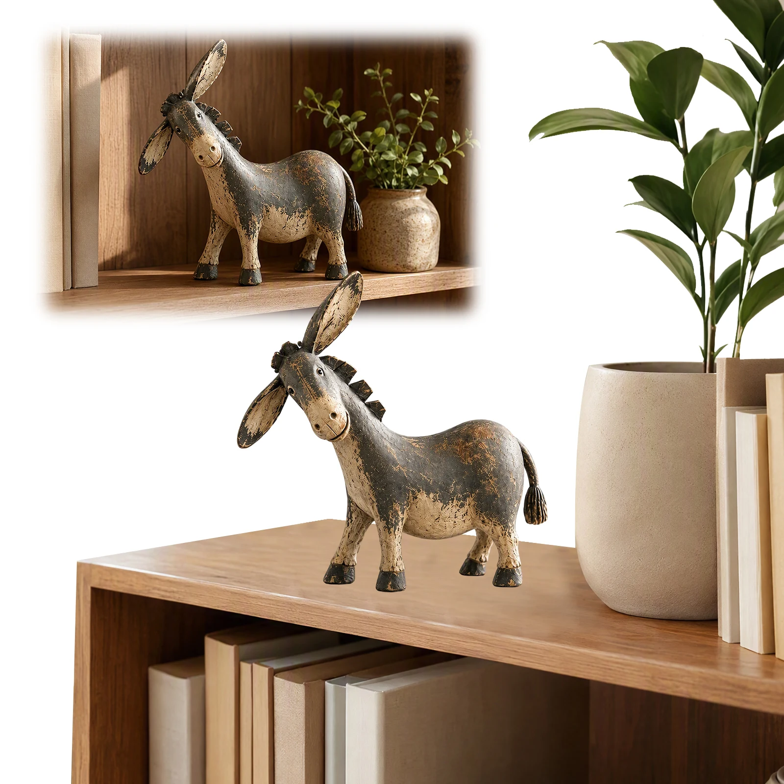 Rustic Farmhouse Donkey Resin Figurine Country Animal Statue Tilted Head Shelf Mantel Home Ornament