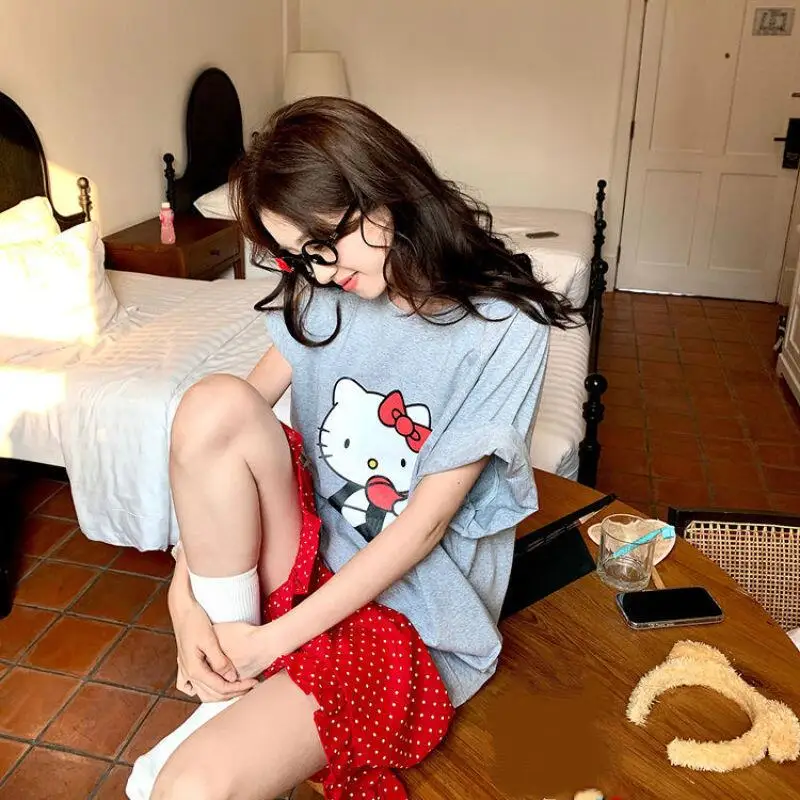 

Новый летний женский домашний комплект: пижама с коротким рукавом и шортами в горошек, с мультяшным аниме-принтом, кружевными вставками, влагоотводящая и дышащая ткань