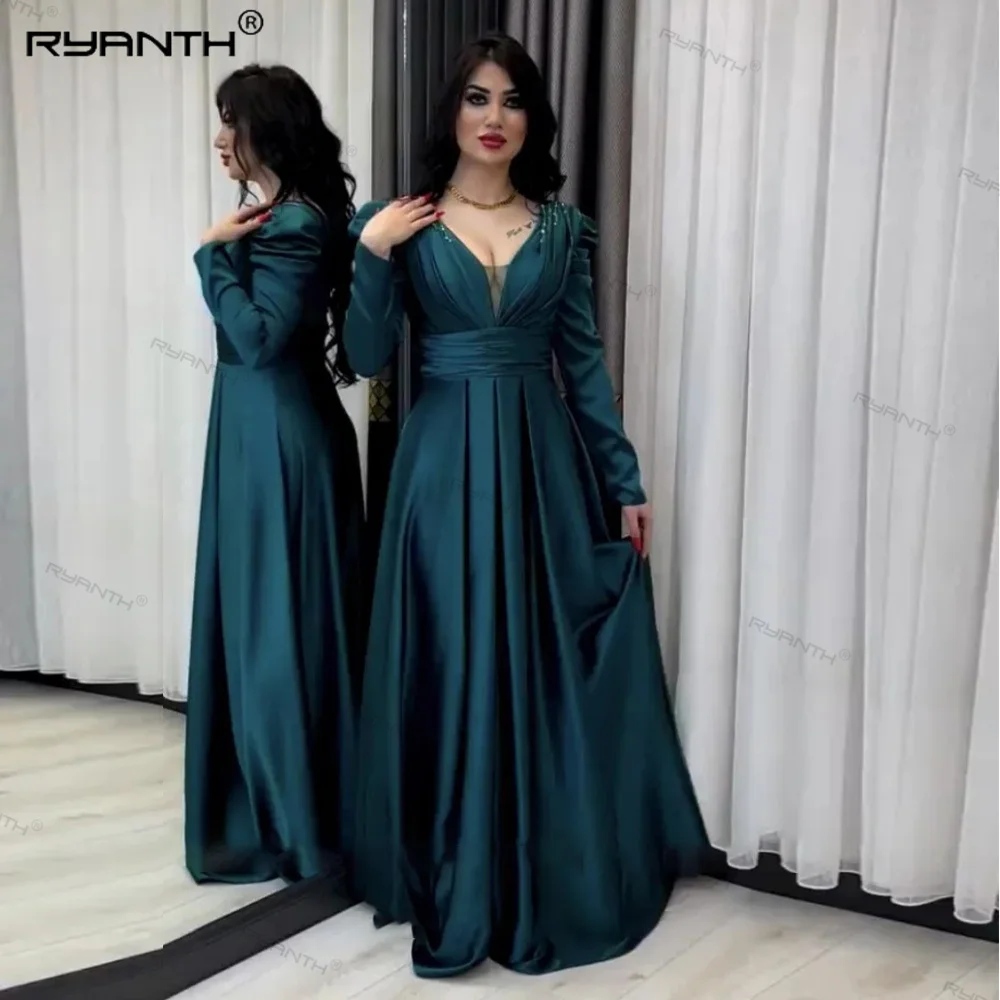 

Ryanth Evening Dress for Wedding Party V-Neck Beaded Long Sleeves A-Line Satin Arabic Dubai Celebrity Prom Gown robes de soirée