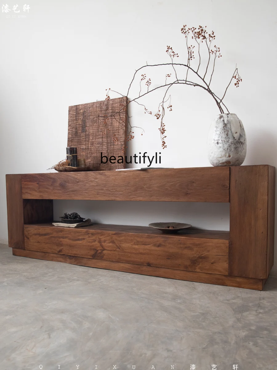 Qiji نمط خزانة تلفزيون من الخشب الصلب بسيطة قديمة أرضية خشبية غرفة المعيشة خزانة تلفزيون الرجعية خزانة المدخل #2