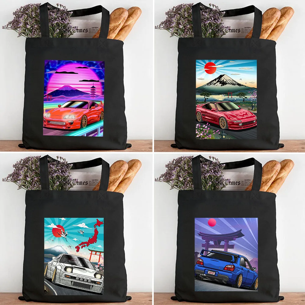 JDM Car Japan Game Racer Neon Sport Car Sunset Men Women Canvas Shoulder Cotton Totes Bag Harajuku Eco Shopper Shopping Handbags