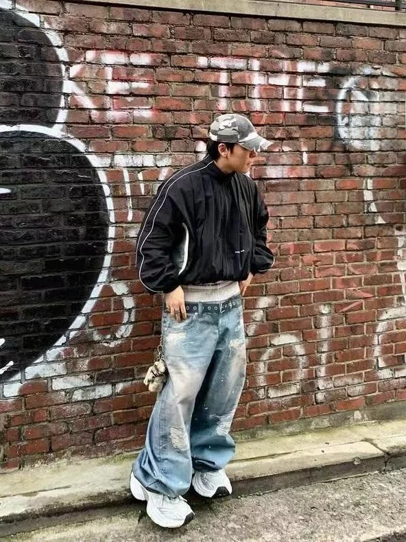 بنطلون جينز رجالي بخصر مزدوج وطباعة رقمية، فضفاض ومستقيم، طويل، مصنوع من القطن المرن، بخصر متوسط الارتفاع، مناسب لجميع المواسم