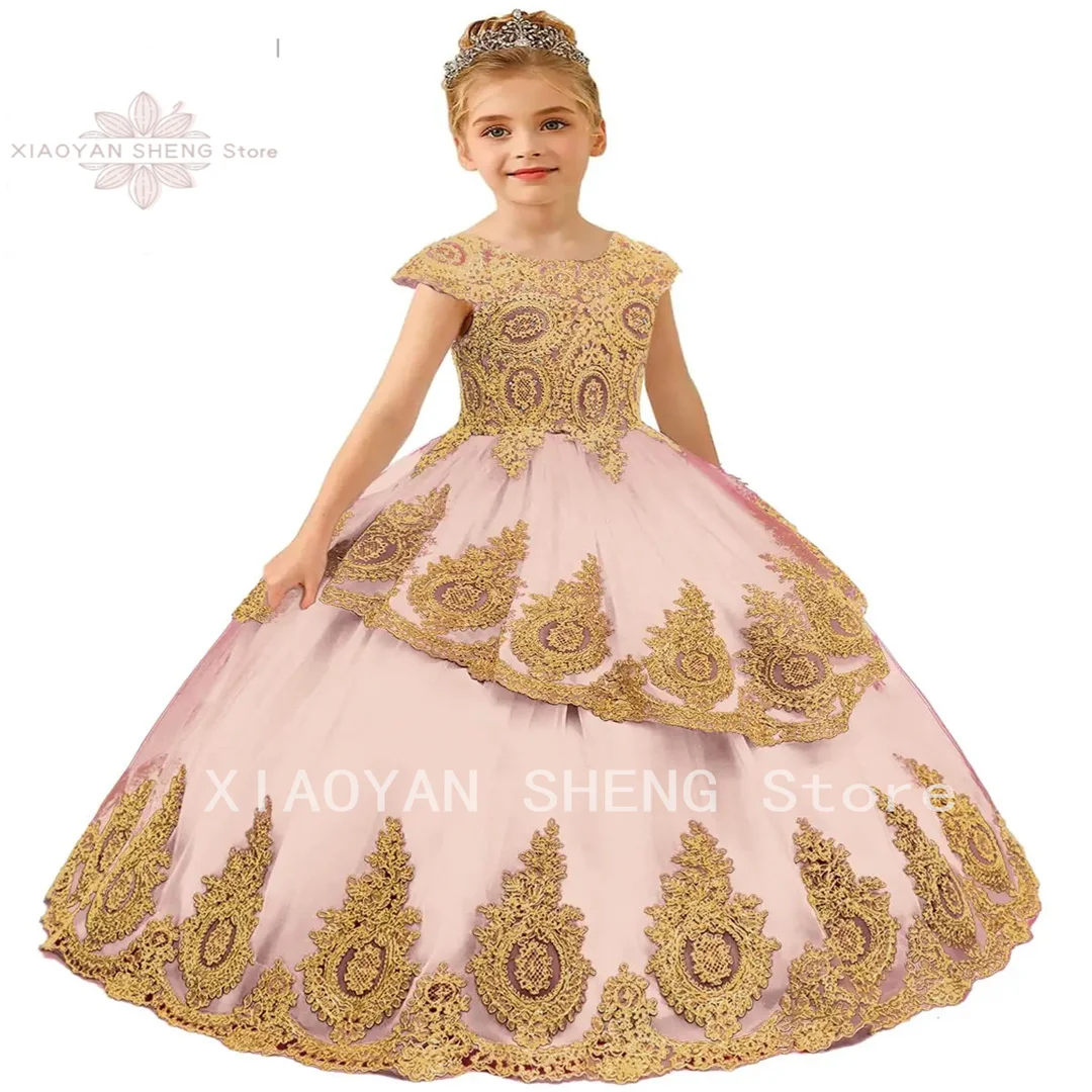 

Gold Beaded Appliques Flower Girl Dress For Wedding Lace Tiered Tulle Pageant First Communion Dress Toddler Kids Party Gown