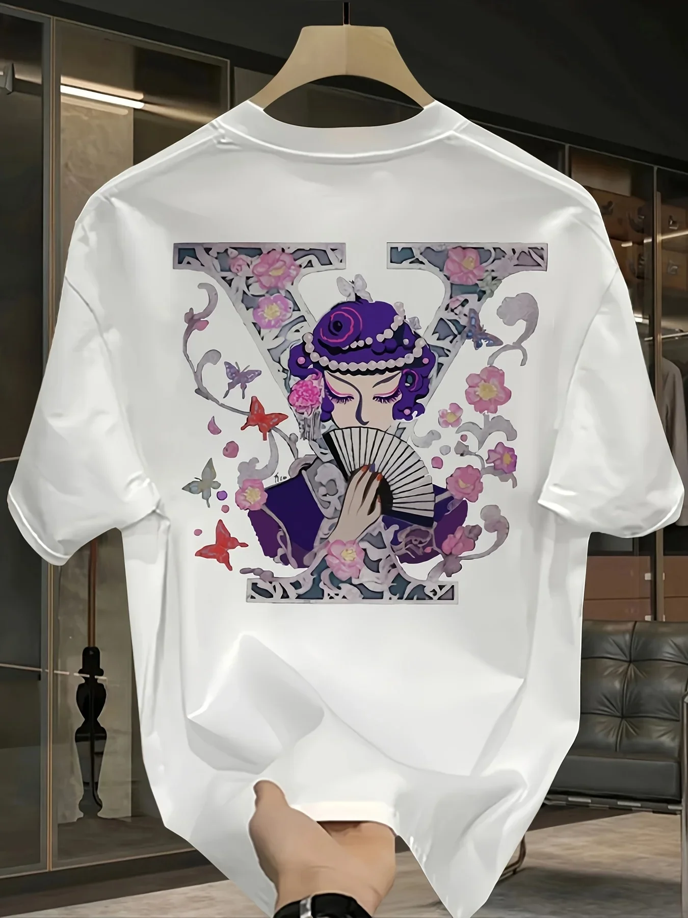 Chinese Style Men's T-shirt, 100% Pure Cotton Summer Casual Top with Floral and Butterfly Print Featuring Peking Opera Actresses