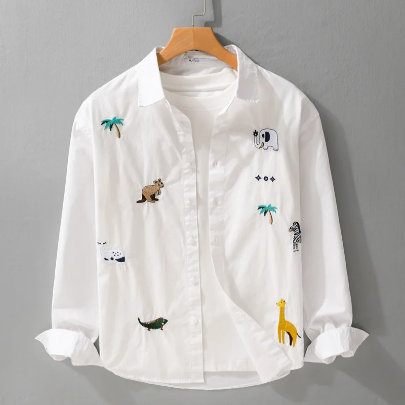 Cartoon Embroidery Shirt Men Spring Summer New Mens Long Sleeve Shirts Pure Cotton Comfort Top Youth Korean Fashion Funny Shirt