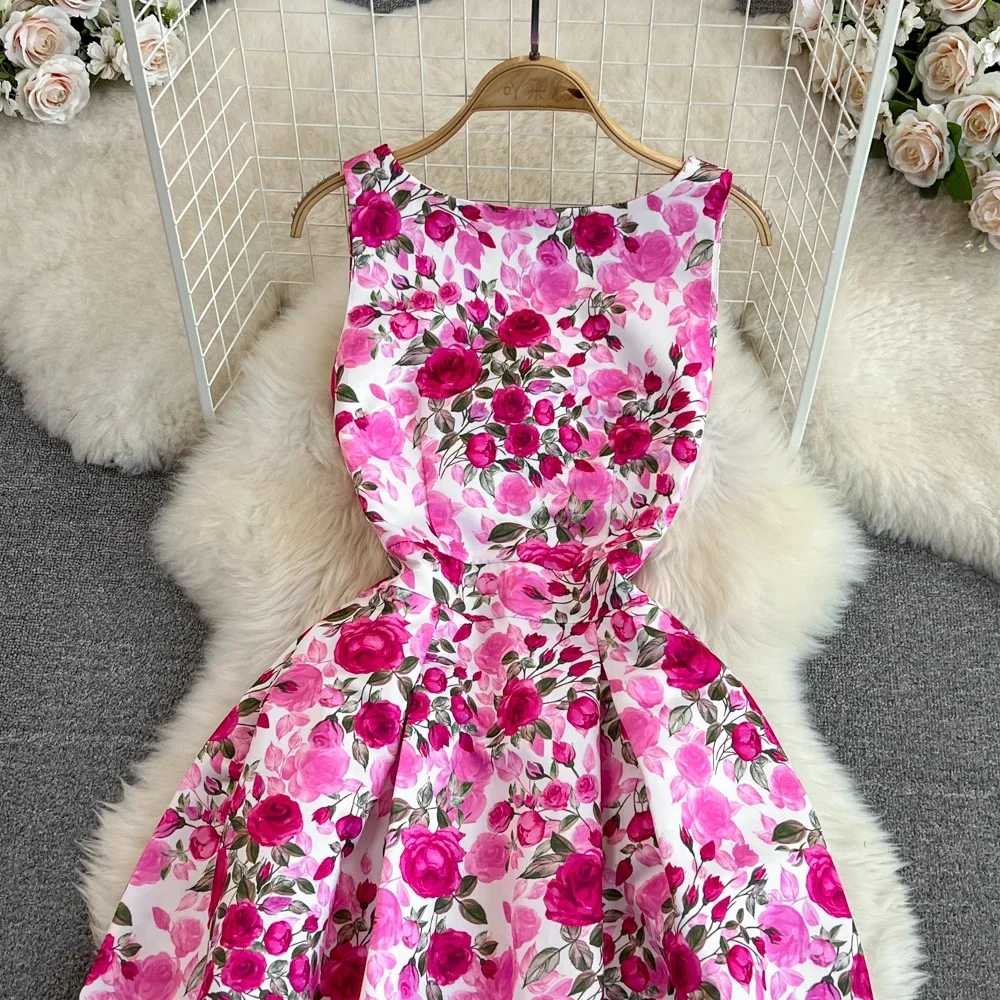 Ofallsis Gentle Style Lady Floral Printed Vest Dress 2023 Summer New Korean Version Sleeveless O Neck Thin Mid Length Dresses