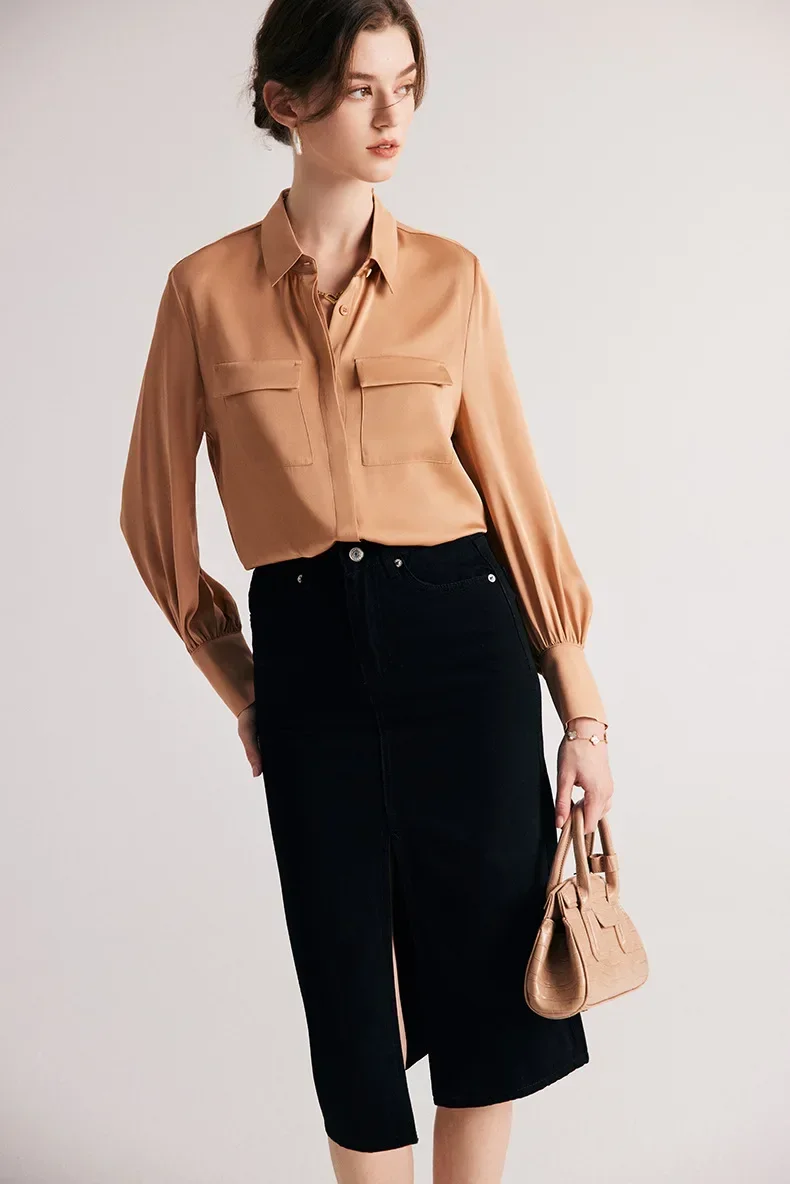 Silk Shirt Women\'s 2024 Spring and Summer New Long-sleeved Commuting Solid Color Temperament Hangzhou Mulberry Silk Top