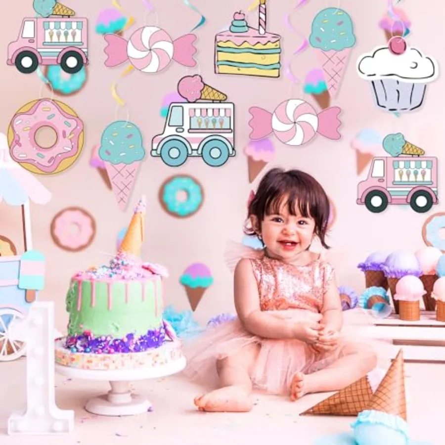 Sweet Comic Ice Cream Donut Hanging Swirl Party Decor Pastel Cartoon 2D Comic Donut Candy Party Ceiling Streamers for Girl Ice