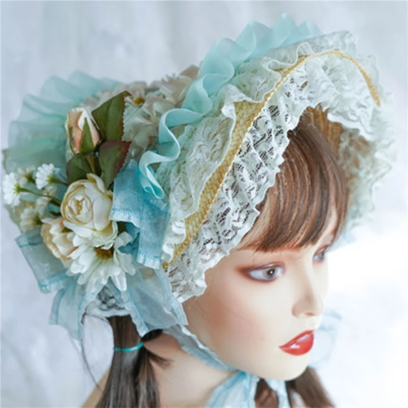 Floral Straw Hat Lolit Straw Hat Teas Party SunHat Lace Fascinators For Women Victorian Headdress Victorian Bonnet