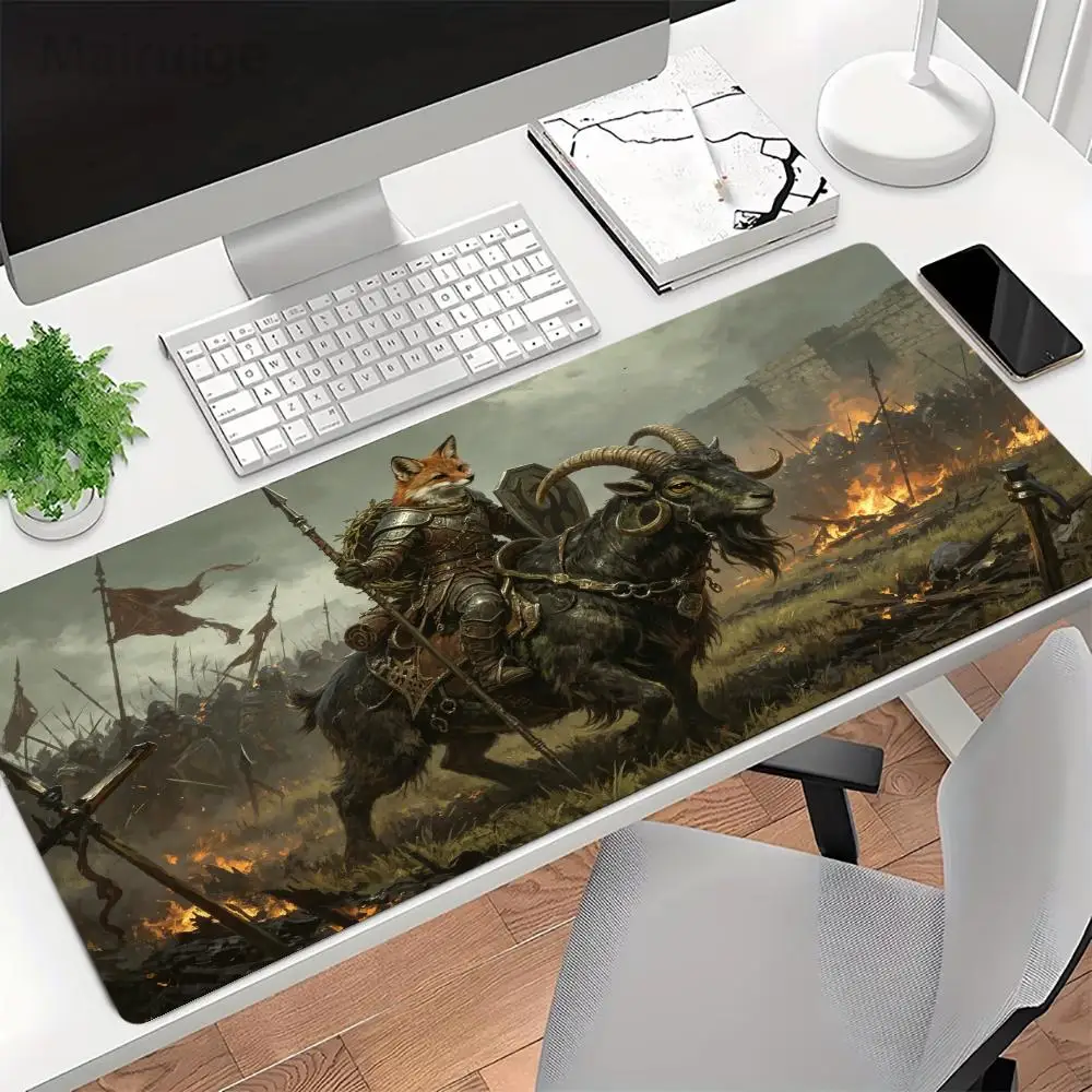 Mouse Pads Anime Fantasy Fox Knight In Armor Riding Big Goat War Ruins Scene For Office Desktop Game Card Pad