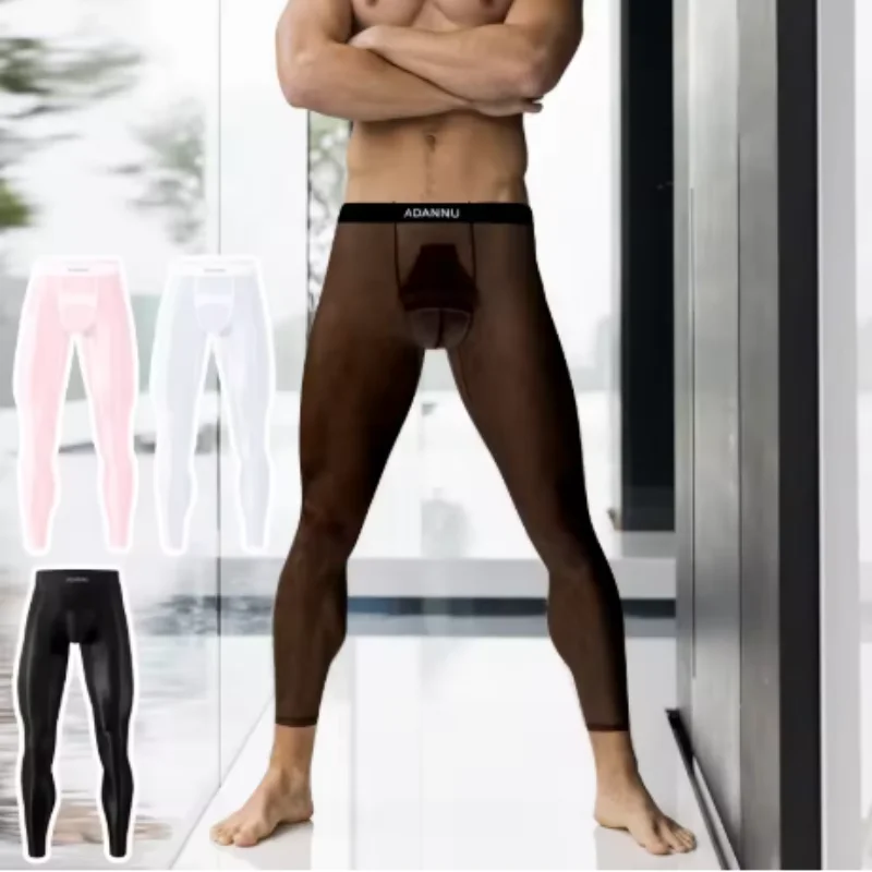 

ADANNU Men's Ultrathin Warm Bottoming Pants Quick Dry Sports Running High Elastic Fashion Leggings Super Transparent