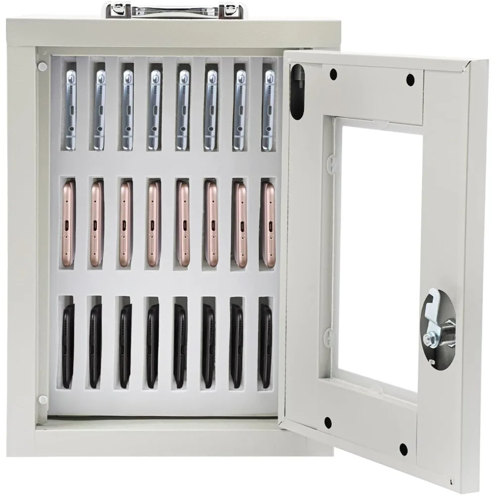 Cell Phone Holder Stainless Steel Cell Phone Storage Cabinet Pocket with Handle and Security Lock Wall-Mounted Locker (24 Slots)