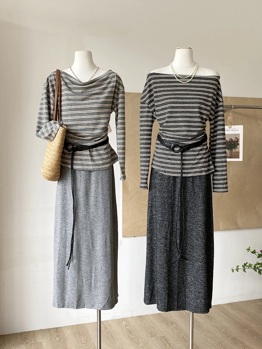 

2025 Autumn New Style Korean Casual Stripe Long Sleeve Slim Fit Skirt Women's Fashion Set Polyester Fiber Leisure Style