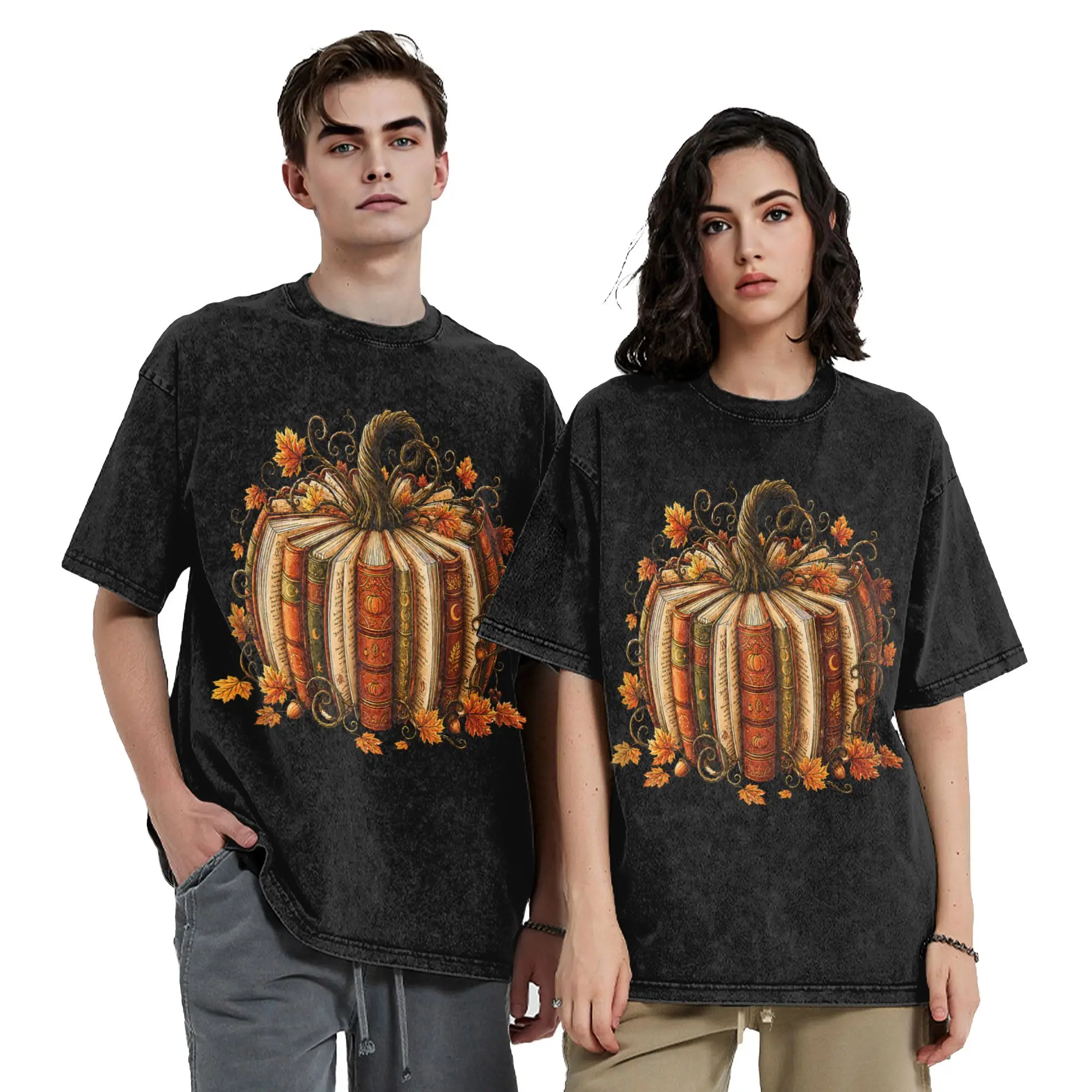 Washed T Shirts Halloween Fall Reading Pumpkin Book Hip Hop Retro T-Shirts Street Streetwear Short Sleeve Tops Tees Men Women