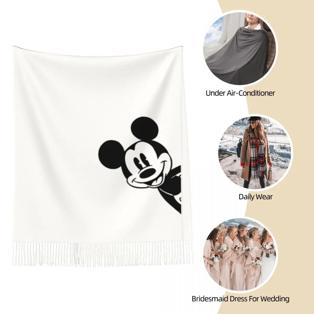 Womens Tassel Scarf Mickey Mouse Cartoon Large Soft Warm Shawl Wrap Gifts Pashmina Scarves