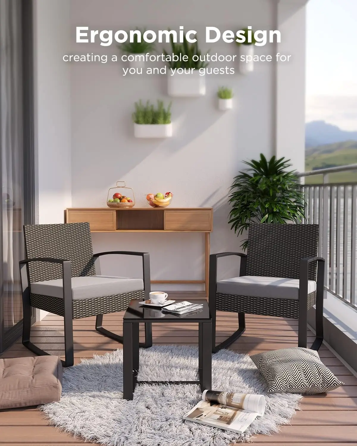 3 Pieces Patio Furniture Set Rocking Bistro Set Outdoor Rattan Conversation with Coffee Table  (Grey Cushion)