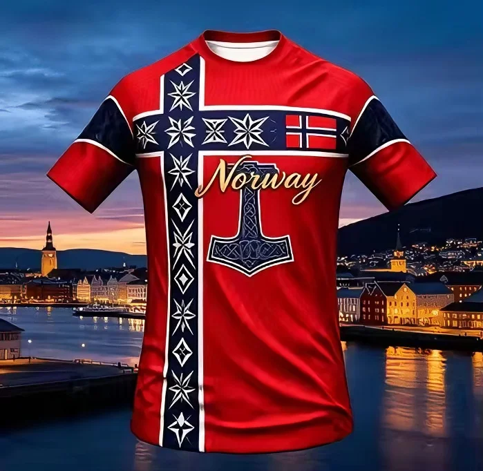 Nordic Norway Viking Hammer Cross Flag Graphic T-Shirt Traditional Snow Pattern Quick Dry Casual Short Sleeve Top