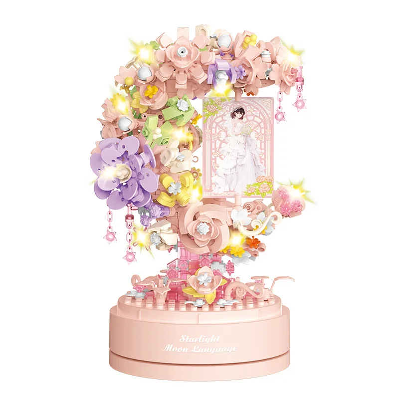 Idee Architectuur Rose Bouwsteen Sterrenlicht BLOEM Maan Muziekdoos Bakstenen Constructiespeelgoed Met Licht Voor Meisjes Geschenken