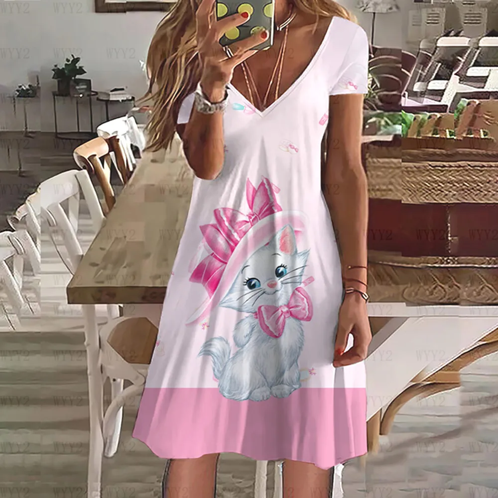 Fashionable and elegant Disney Marie cat print simple loose and comfortable new summer women's V-neck short-sleeved dress