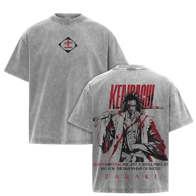 Vintage Washed BLEACH Zaraki Kenpachi Graphic T Shirt Hot Manga Printed Streetwear For Unisex Clothing Oversized Cotton Tees