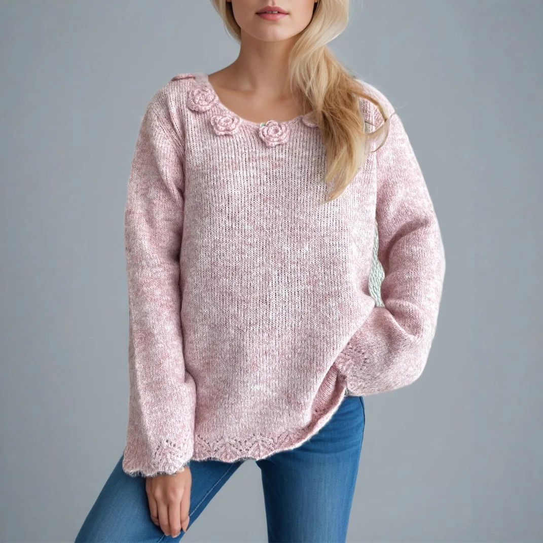 

2025 New Style Patchwork Floral Long Sleeve Knitted Sweater V-neck Casual Loose Unique Women's Pullover