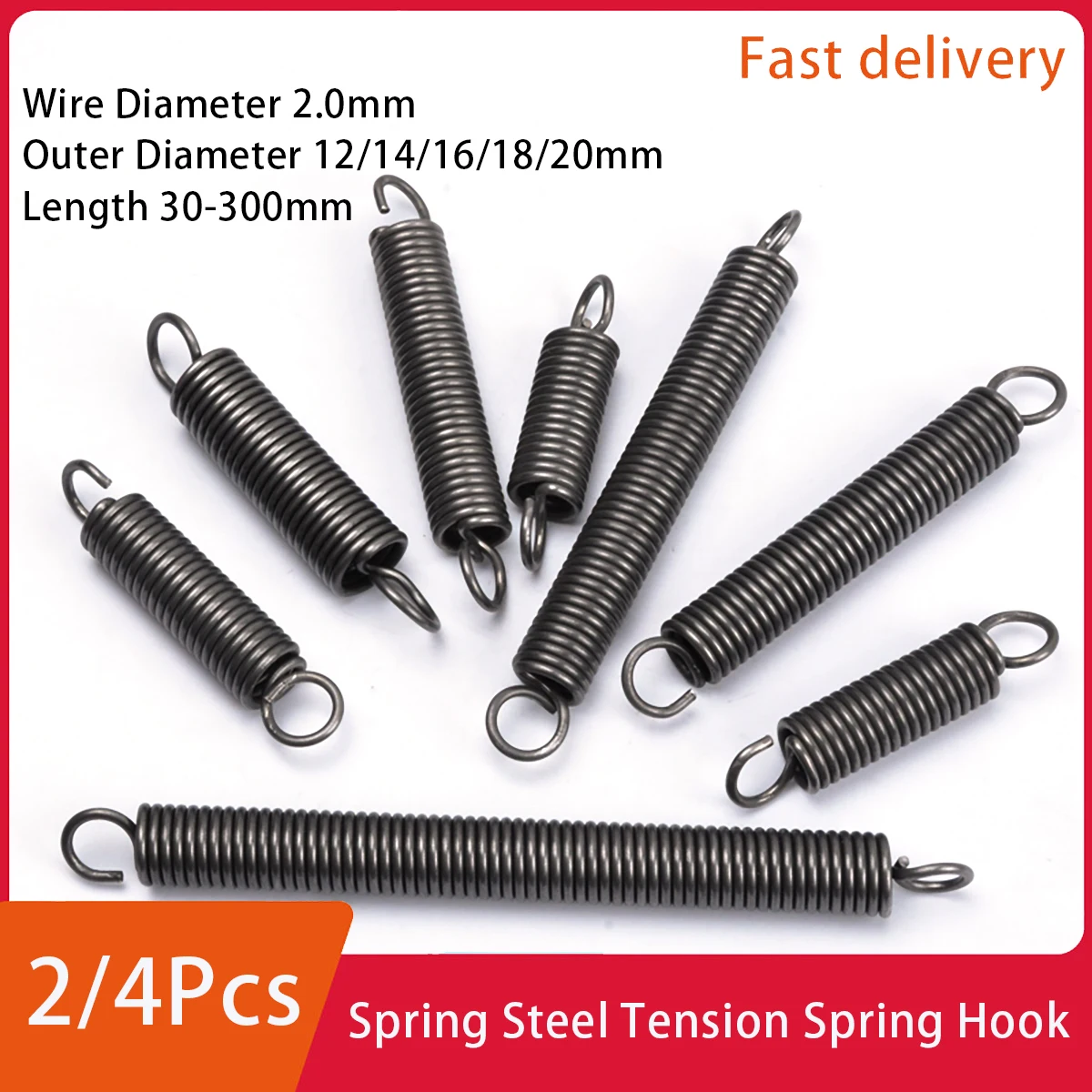 

Spring Steel Tension Spring Hook Strong Elasticity Draw Extension Wire Diameter 2.0mm Outer Diameter 12-20mm Length 35-300mm