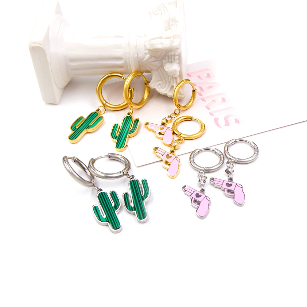 LUXUKISSKIDS Pink Gun Green Cactus Drop Earrings Cute Girls Gifts Stainless Steel Round Hoops Grunge Fairy Childlike Ear Jewelry