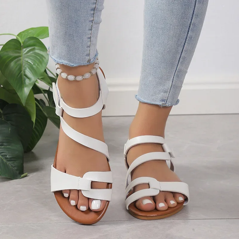 

2024 Summer Women's Sandals Flat Open-Toed Elegant White Beach Shoes Plus Size 43