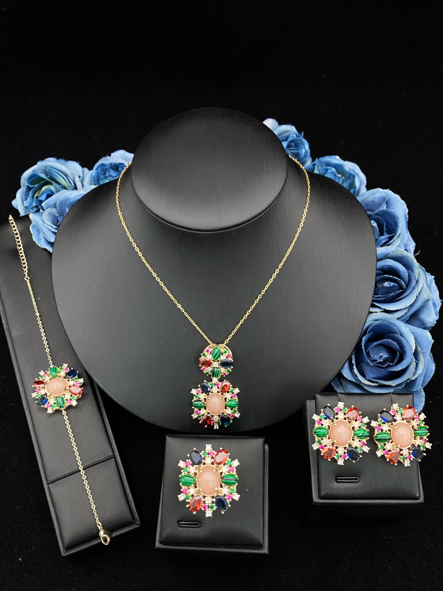 Falair Daily Dating Elegant Women Jewelry Set Gold Plated Copper Shiny Zircon Necklace Ring Earrings Bangle Combo Gift