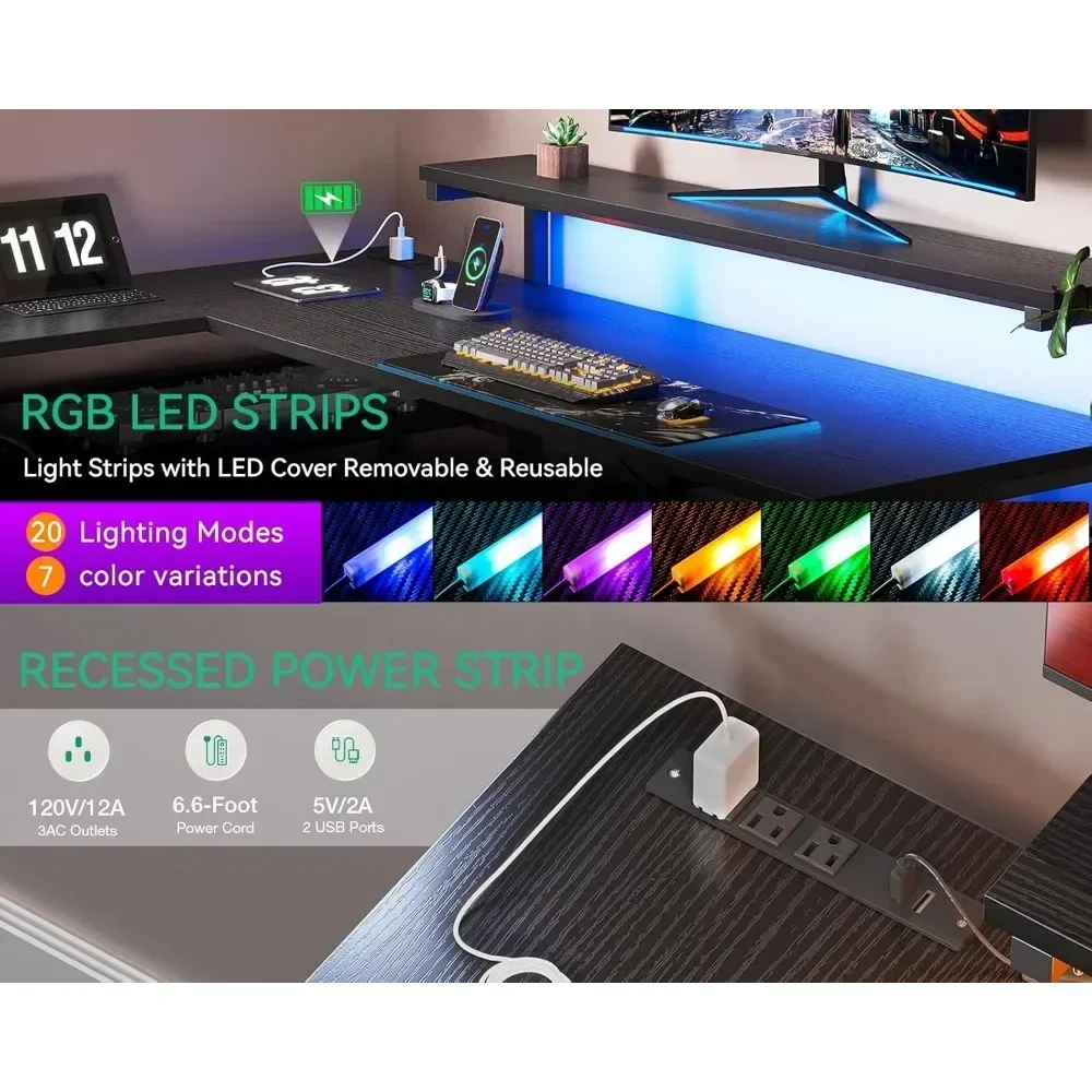 Computer Desk with Power Outlets & LED Lights, 61" L Shaped Desk with Drawer, Reversible Corner Gaming Desk.
