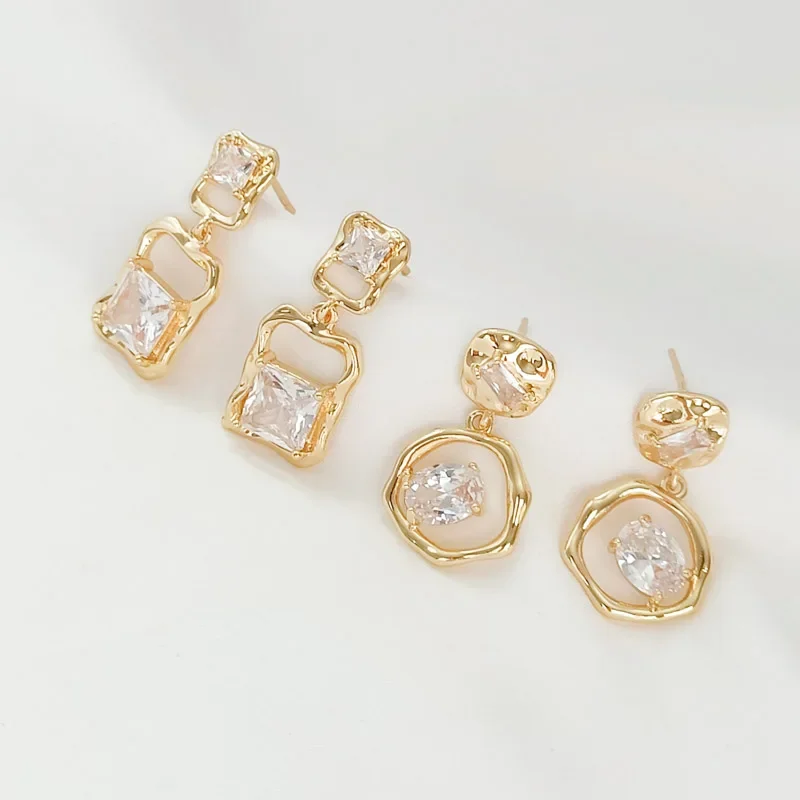 

14K Gold-plated Zircon Inlaid Irregular Square Geometric Round S925 Earpin Diy Earrings Accessory