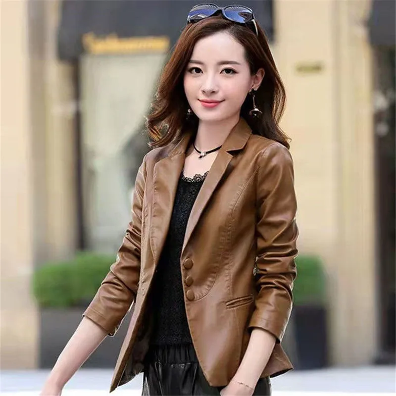 

PU Leather Women's Jacket Nice Spring Autumn New Female Long Sleeve PU Leather Jacket Femme Fashion V-neck Leather Coat 3XLC1