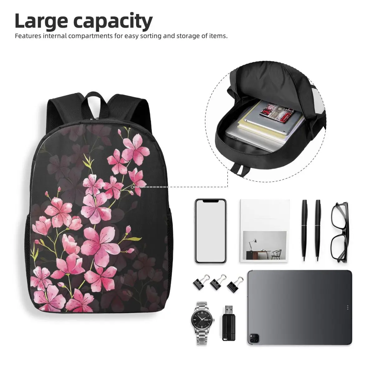 أزهار الكرز على حقائب الظهر امرأة سوداء بنين بنات حقيبة الكتب الطلاب الحقائب المدرسية المحمولة حقيبة الكمبيوتر المحمول حقيبة الكتف