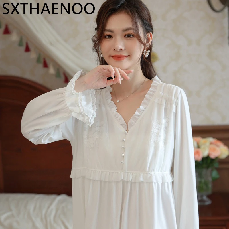 

SXTHAENOO Lace French style Nightgown Womens Advanced Night Dress Autumn Long Sleeve V Neck Home Wear Beautiful White Nightwear