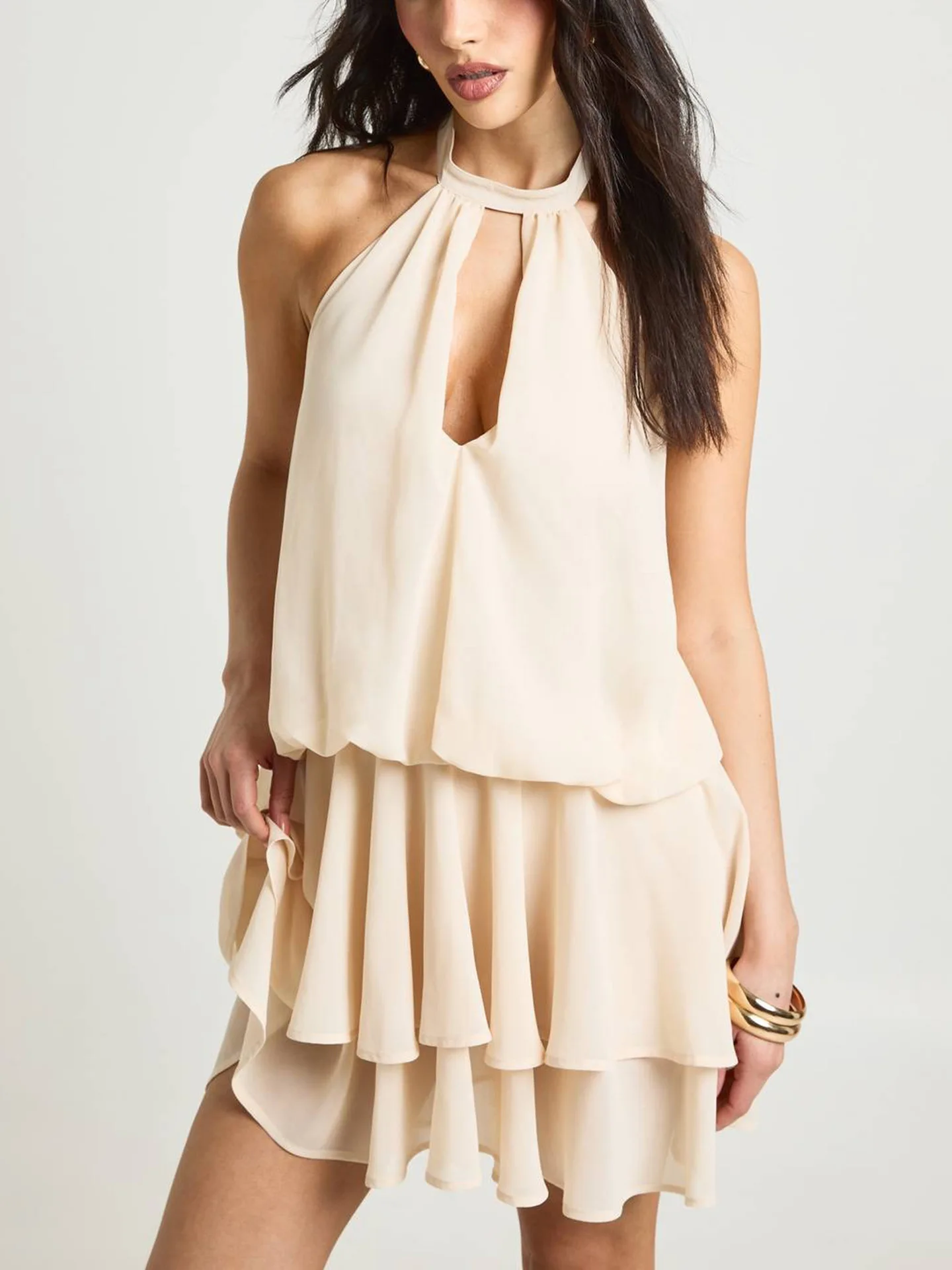 Sexy Backless Mini Dress Fashion Solid Off Shoulder Beach Vacation Dress Sweet Ruffle Edge Layered Pleated Sleeveless Dress