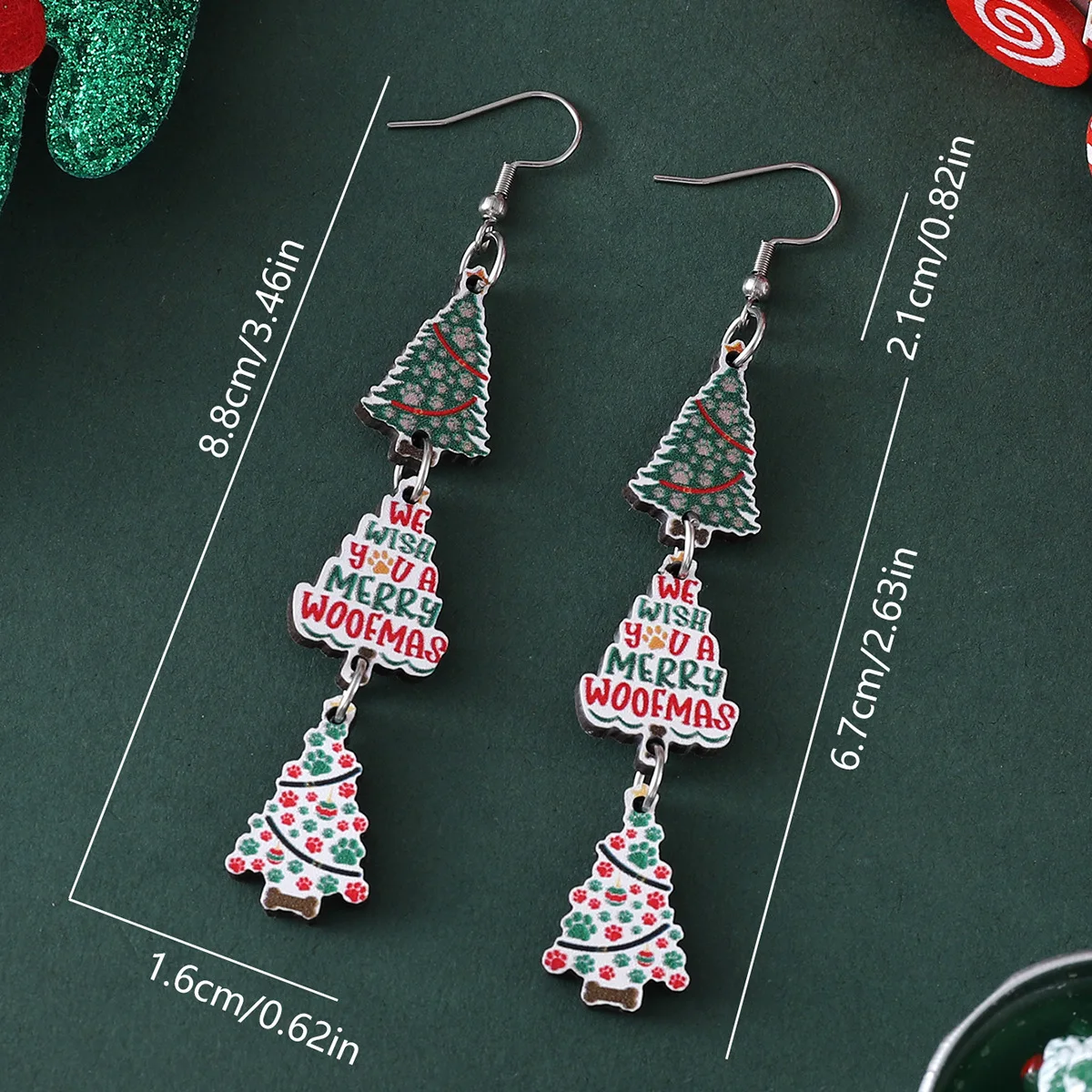 new Christmas colorful dog paw Christmas tree plaid snowflake triple pendant earrings wooden double-sided earrings