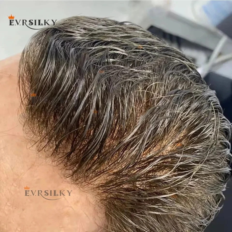 أشقر فاتح 80% كثافة غير مرئية 0.02 ملم جلد رقيق رمادي أسود 210 #   1B50 شعر مستعار للرجال 100% نظام صناعي للشعر البشري #1