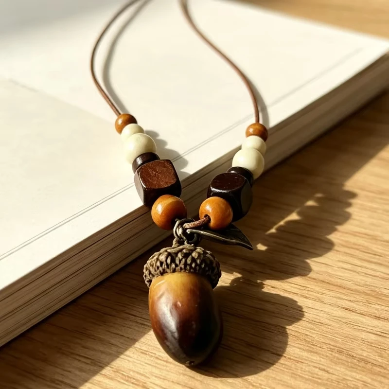 FTCY Vintage Acorn Pendant Necklace For Women  Bohemian Artistic Beaded Long Rope Necklace Fashion Personality Jewelry Gift view 3