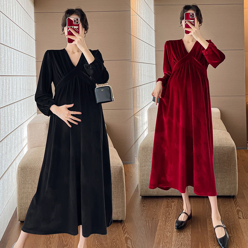 Winter Maternity Basic Dress Long Sleeve V-neck Elegant Pregnant Woman Velour Dress Plus Size Pregnancy Party Dress Black Red