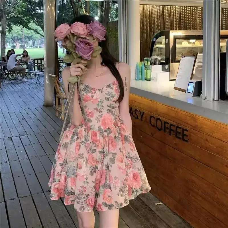 Elegantes, hoch tailliertes, schlankmachendes Blumen-Trägerkleid für Damen, Frühling und Sommer, französischer Stil, zierliches Minikleid, A-Linie, ärmellos