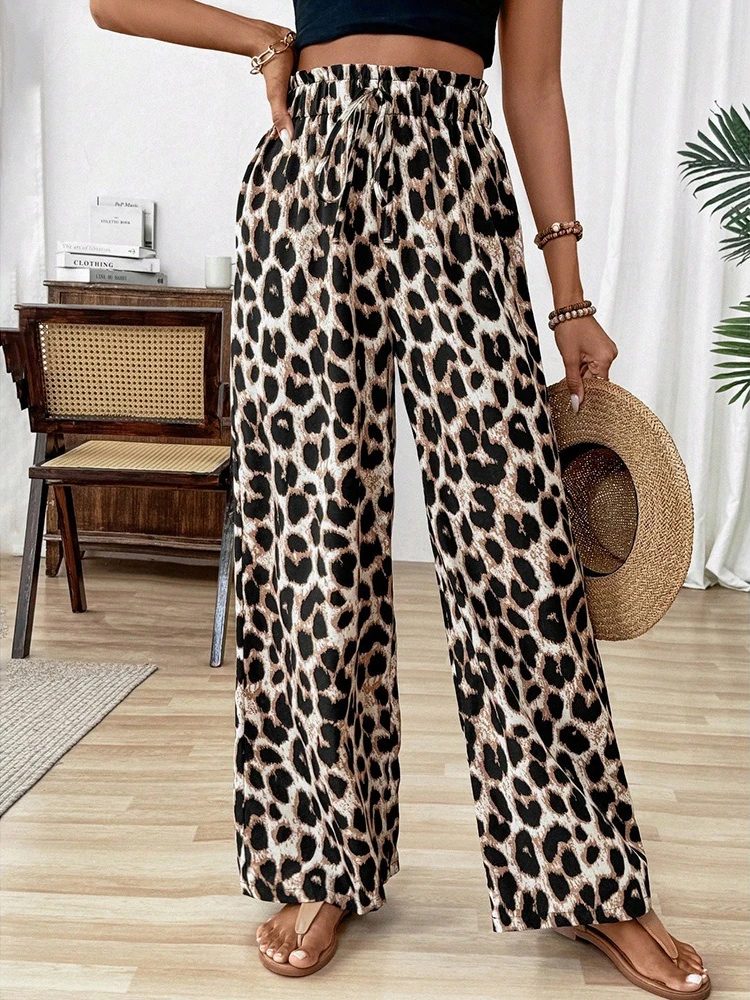 2025 New Leopard Print Pants Women Y2k Fashion Straight Leg Trousers Wide Flowy Long Bottoms Casual Streetwear Oversized Clothes