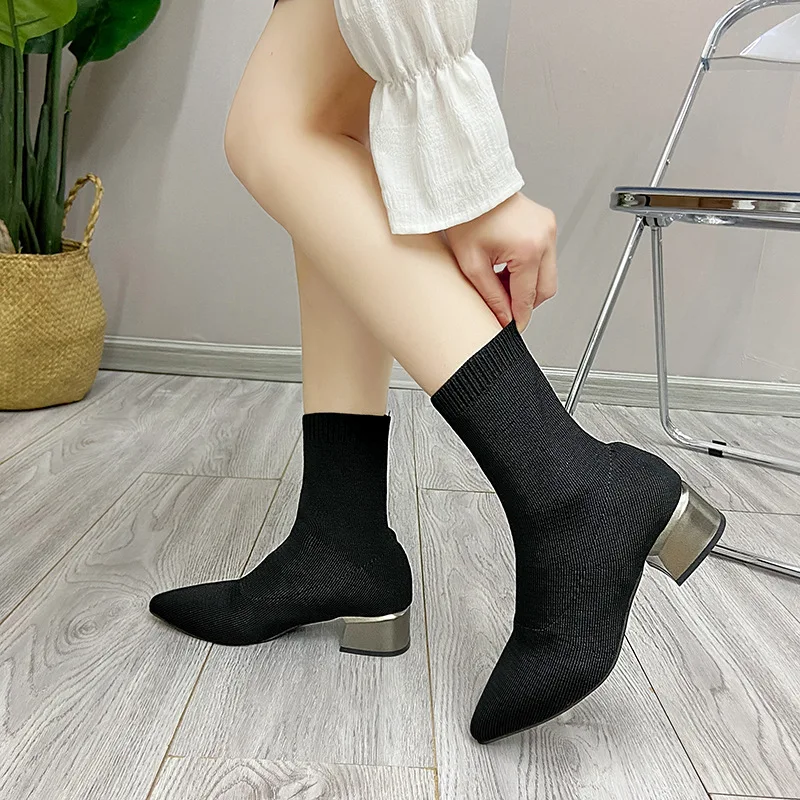 Boots Women New 2024  Pointe Shoes Pointy Ankle Sexy Ladies Rubber Stockings Med Lace-Up Flock Solid Slip-On PU Fabric Hoof Heel