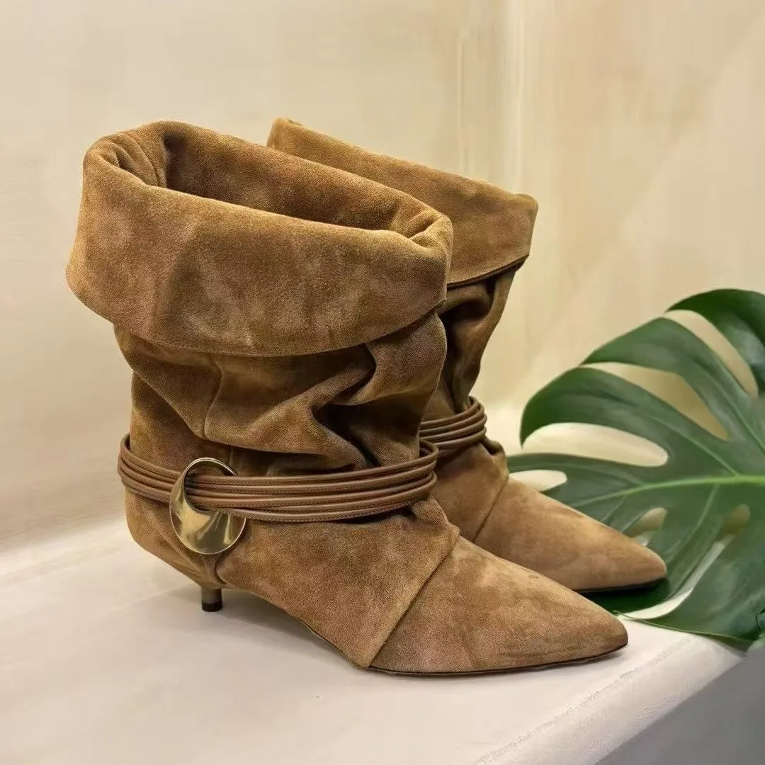 

Женские ботильоны с острым носком, женские ботильоны в стиле панк с металлической пряжкой и перевернутым краем, вечерние ботинки на низком каблуке, зимние модные ботинки на открытом воздухе