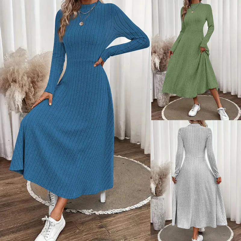 Elegant Long Sleeve Dress Women Autumn Winter Simple Vintage Solid Color Dresses Fashion Lady Maxi Vestidos Casual Street Y2K