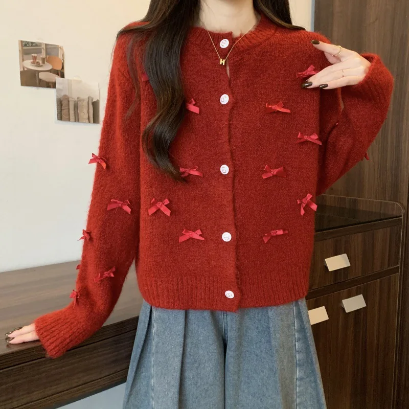 Heavy Industry Bow Knitted Top Women\'s Short Loose Round Neck Fashion Soft Coat Grey  Cardigan Pull Femme Sweater