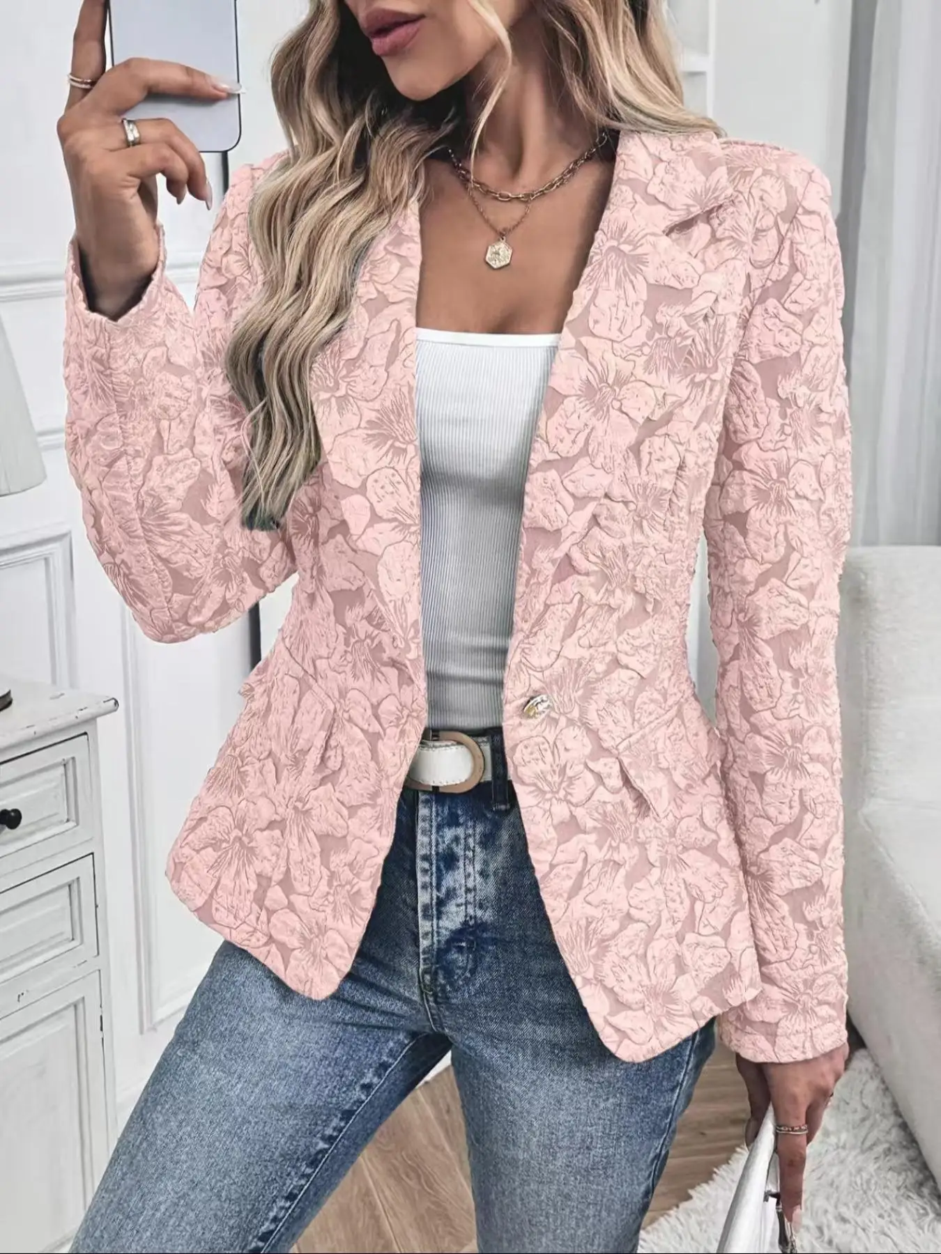 Women Elegant Long Sleeve Blazer Vintage Jacquard Lapel Suit With Single Button Autumn Winter Office Lady Business Jackets