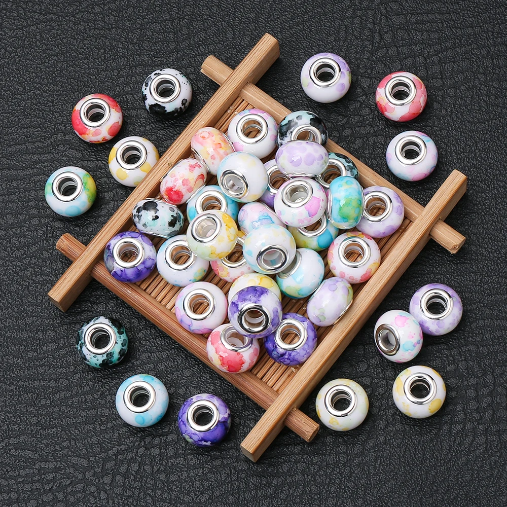 50Pcs Colorful Big Hole Acrylic Beads 14mm Round Flower Print Loose Bead Diy Bracelet Necklace Accessories for Jewelry Making